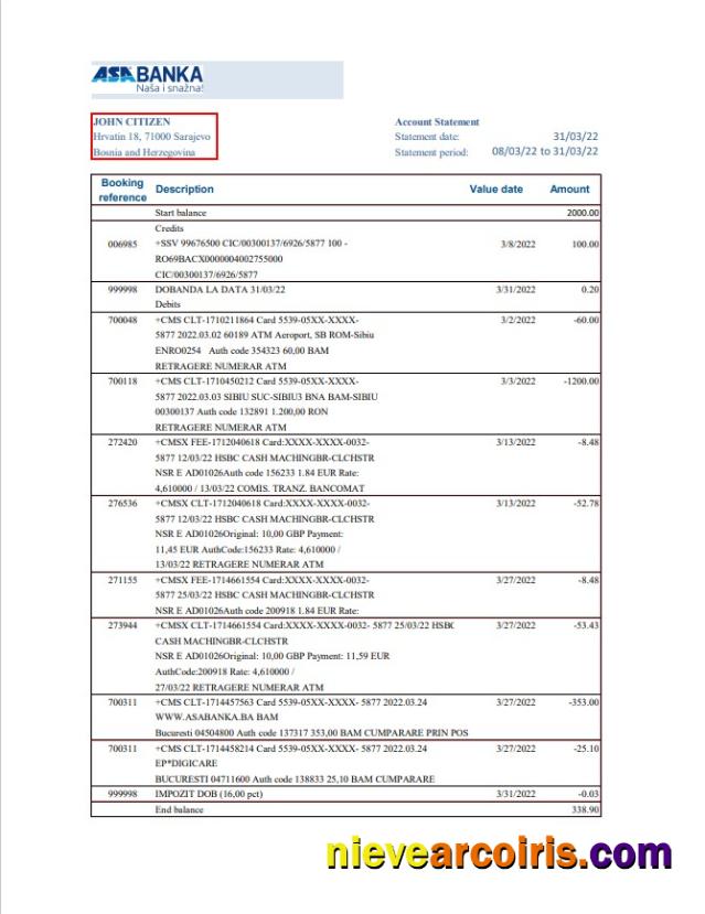 Bosnia and Herzegovina ASA Banka bank statement in Excel and PDF format